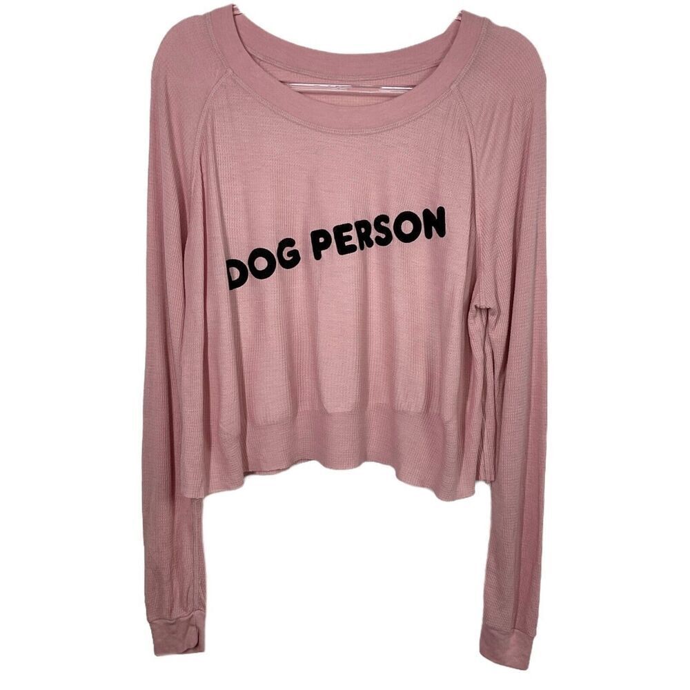 Wildfox Small Pink Waffle Knit Dog Person Felt Long Sleeve Top New Women